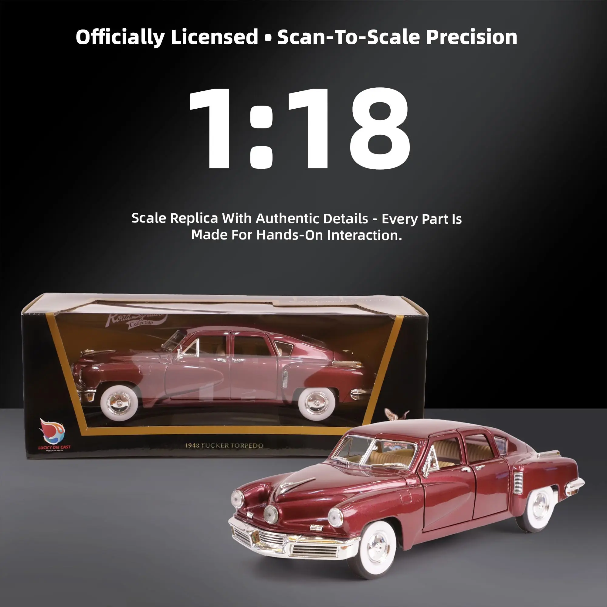 1948年タッカー・トーピード 1/18スケール ダイキャストメタルモデル プレミアムクラシックビンテージ合金車 ディスプレイケース付き、開閉ドア付き