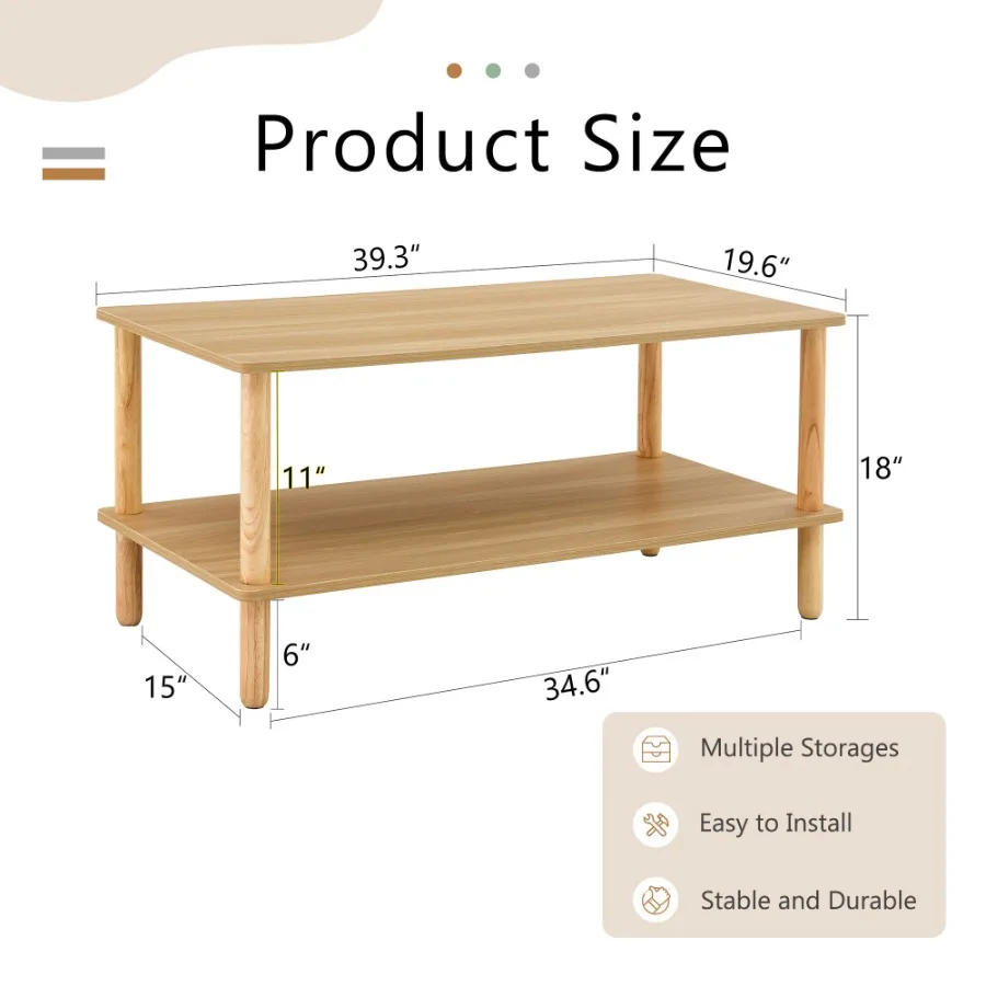 طاولة قهوة حديثة من طبقتين لأثاث غرفة المعيشة طاولة مركزية مستطيلة مع رف تخزين مفتوح وأرجل خشبية مطاطية مستديرة S #5