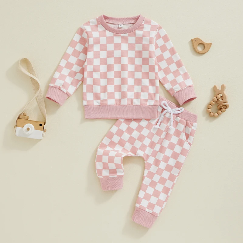 Little Girls 2PCS Fall Sets Long Sleeve O Neck Checkerboard Print Tops Drawstring Pants