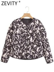 ZEVITY 2024 Women Vintage Animal Graffiti Print Cotton Jacket Female Chic Long Sleeve Breasted Casual Pockets Coat Tops CT7143