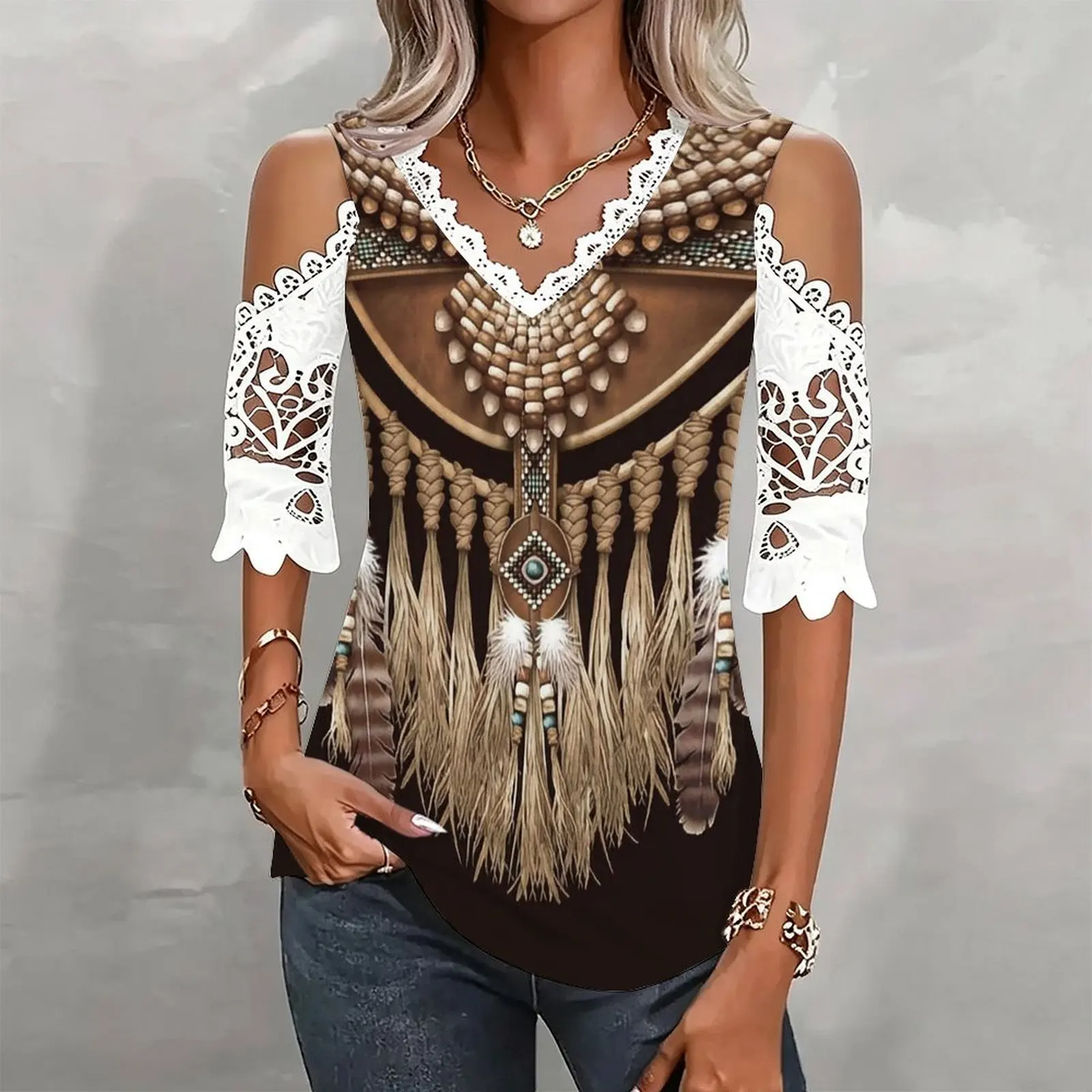 Spring Retro Slim Style Beach Vacation Everyday Top Fashion Casual Ladies V‑neck Cold Shoulder 3/4 Sleeve T‑shirt