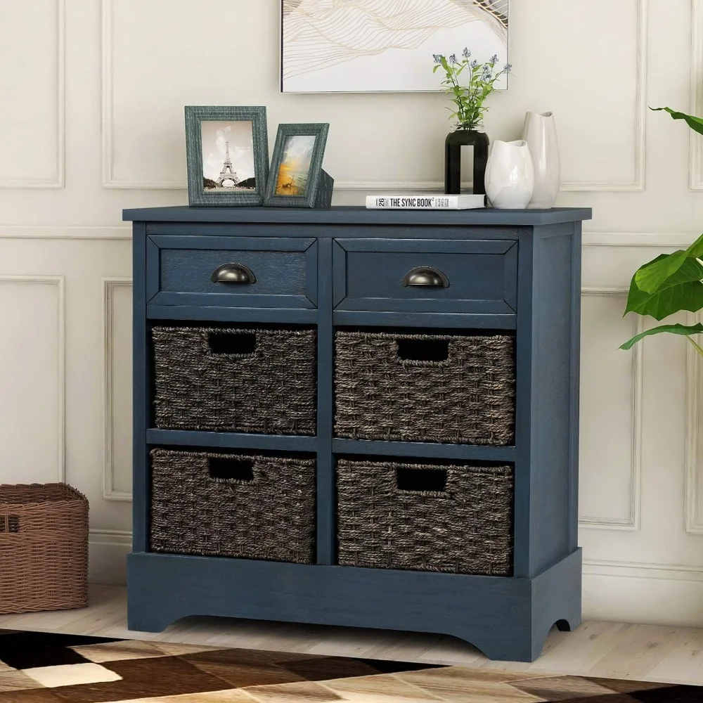 

Farmhouse Wicker Baskets Storage Cabinet with 2 Drawers and Aluminum Alloy Handles, Decorative Chest of Drawer Console T