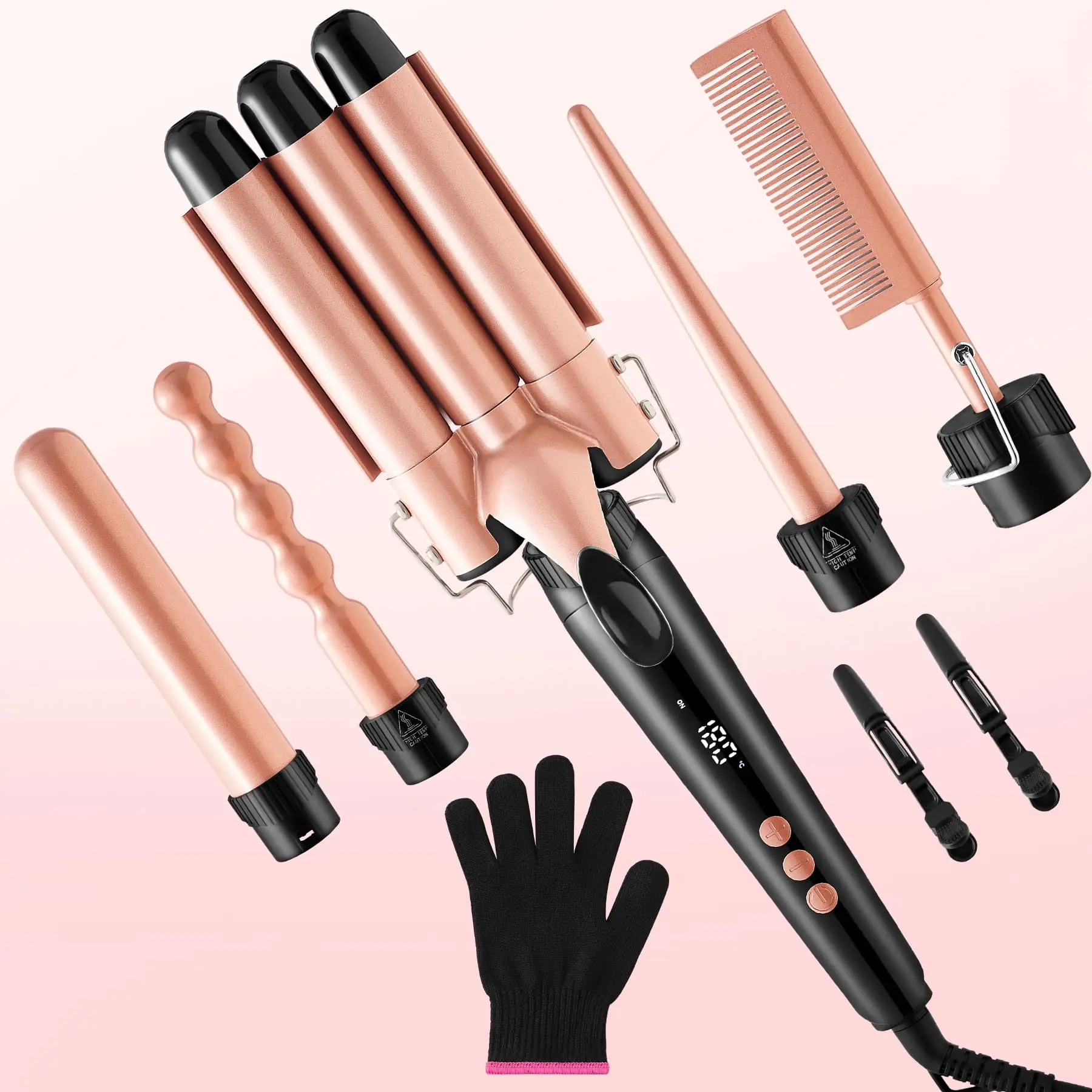 5-in-1 curling iron, curling iron set, with interchangeable ceramic bucket (0.35-1.25 inches), instant heating, dual voltage