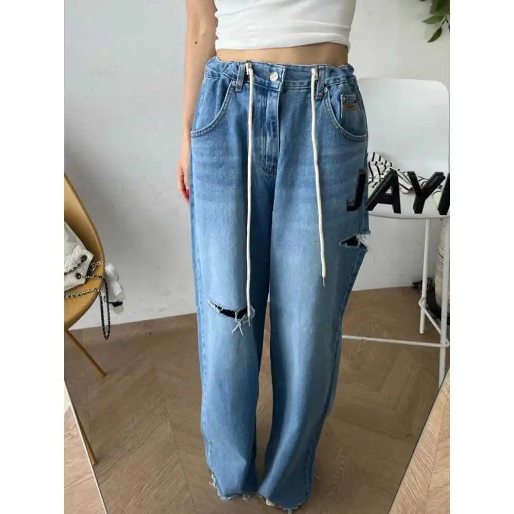 กางเกงยีนส์ขายาวทรงตรงเอวสูงสำหรับผู้หญิง ฤดูใบไม้ผลิ 2024 แฟชั่นคลาสสิก สวมใส่สบาย