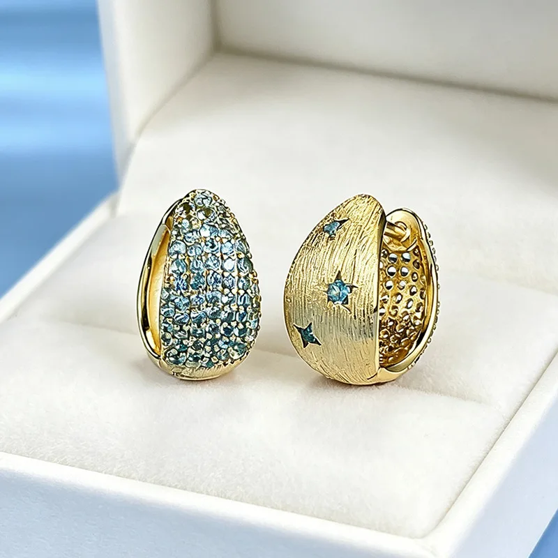 Paraiba brushed Luxury white gold solid platinum PT950 earrings middle-aged summer fresh