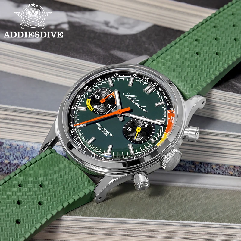ADDIESDIVE nuevo reloj cronógrafo VK64 de 38mm para hombre 10Bar resistente al agua AD2529 BGW9 reloj de cuarzo de caucho fluorocarbono superluminoso