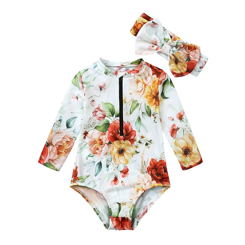 

Infant Baby Girls Rash Guard Floral One-piece Swimwear Long Sleeve Zipper With Headband 6-9M 9-12M 12-18M