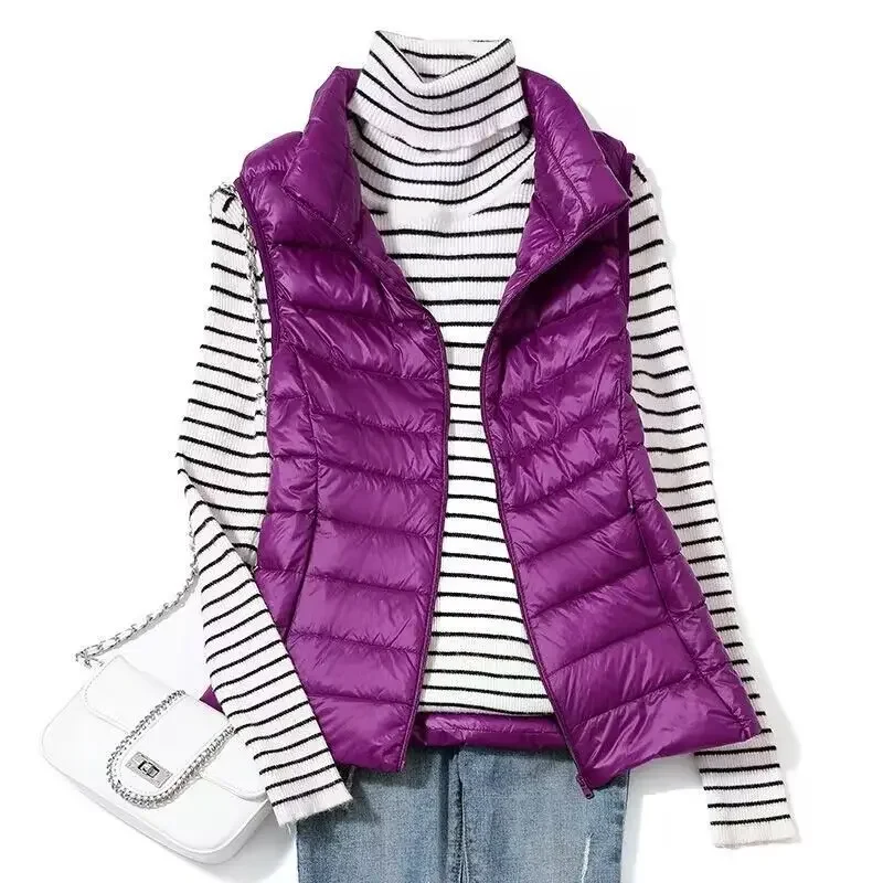2025 nueva chaqueta acolchada sin mangas para mujer Primavera Invierno 90% plumón de pato blanco chaleco cálido ultraligero y plegable