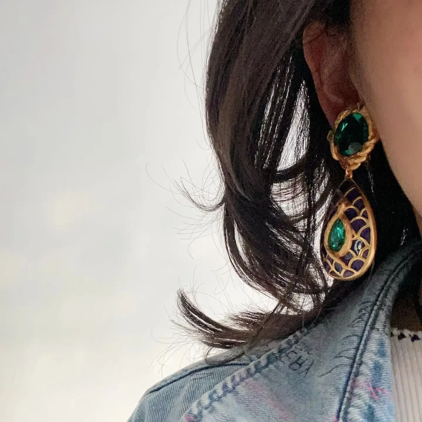 Europe America Vintage Colored Gemstone Ear Clip Earrings Woman Top Quality Luxury Designer Jewelry