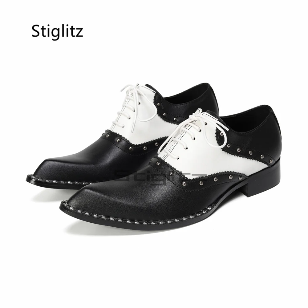 

Black White Lace Up Rivets Leather Shoes for Men Cowhide Low Heel Mixed Colors Wedding Trendy Business Office Oxfords Shoes