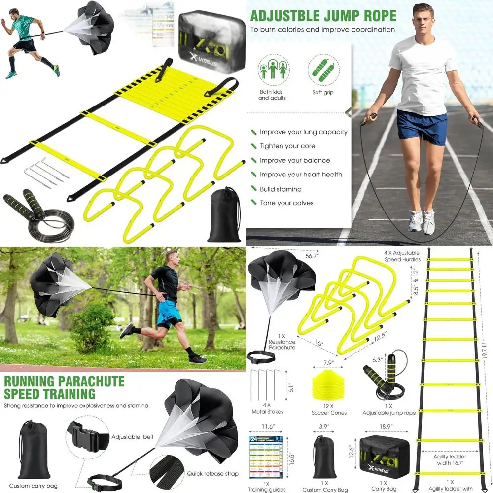 

Набор для тренировки скорости X-UMEUS Agility Ladder - 20-футовая лестница для тренировки ловкости, 12 футбольных конусов, 4 барьеры, скакалка, парашют для бега |