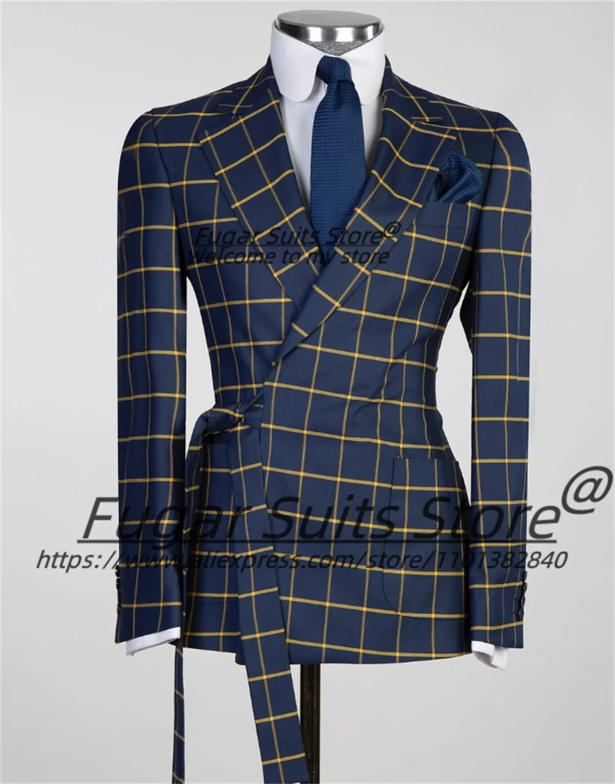 

High-end Navy Blue Plaid Men Suits Customized Slim Fit Notched Lapel Groom Wedding Tuxedos 2 Pcs Sets Male Blazers Costume Homme