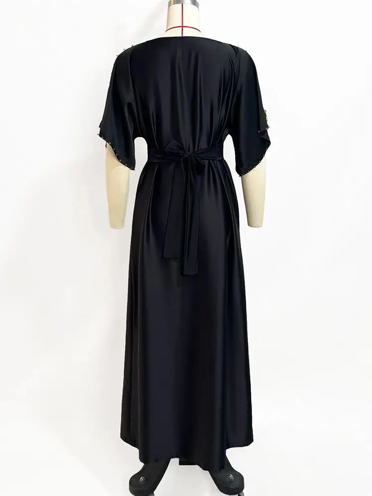 Ramadan Eid czarna satynowa Abaya dubajska indyk sukienka muzułmańska Kaftan Abayas sukienki afrykańskie dla kobiet Caftan Robe Femme Musulman