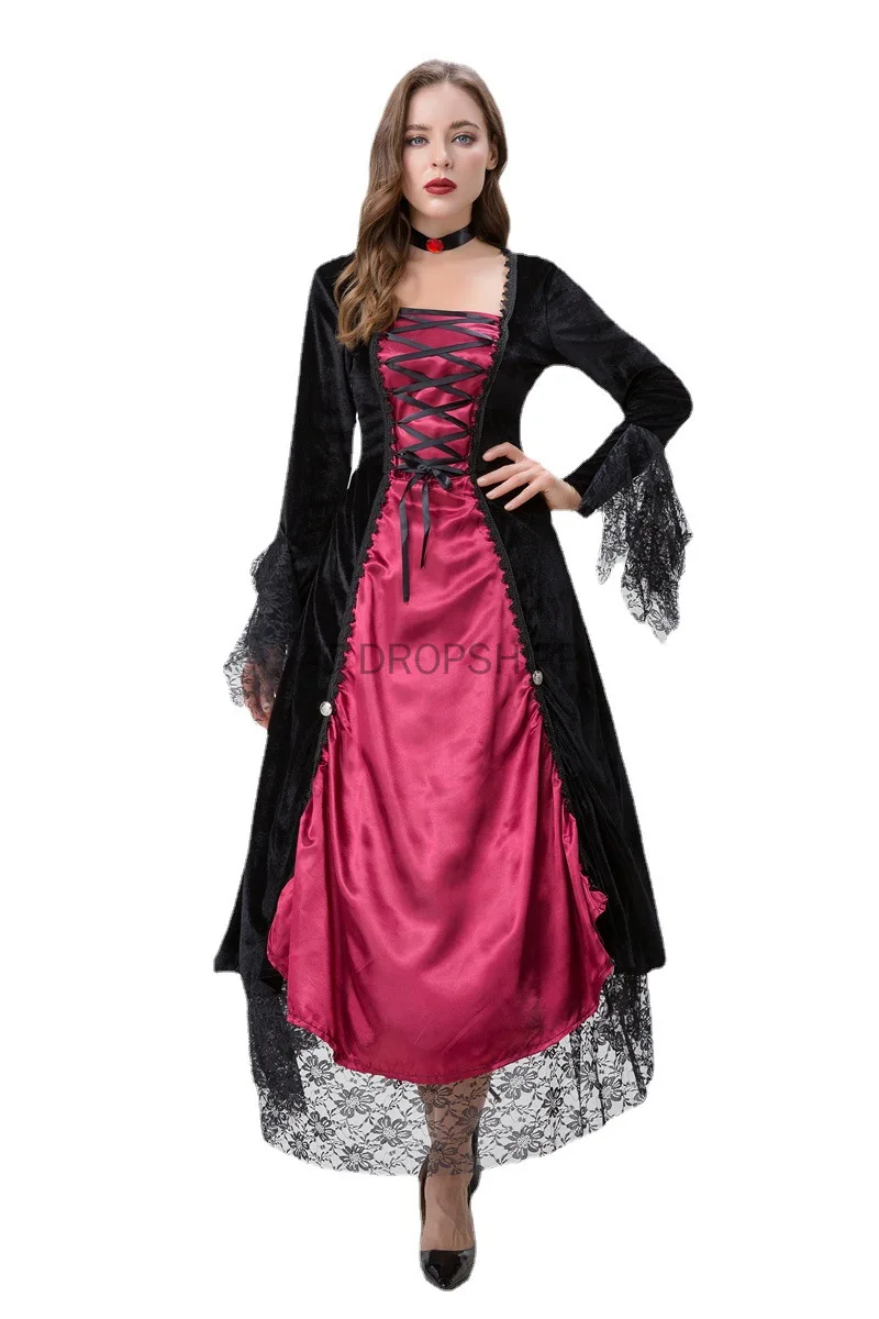 Vestido medieval para mulheres, vestido vintage com capuz, traje adulto, retrô, cosplay, dia das bruxas, assustador, vampiro, bruxa, vestido longo