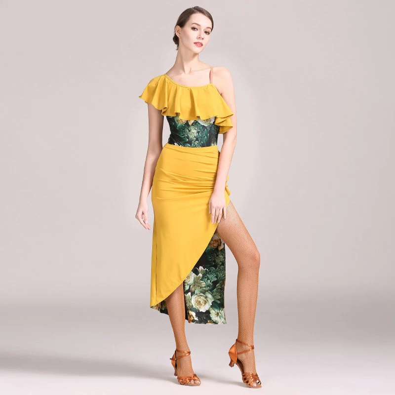 Latin Dance Costumes For Women One‑Shoulder Ruffle Tops Irregular Split Skirt Tango Salsa Modern Latin Performance Wear DQS24096