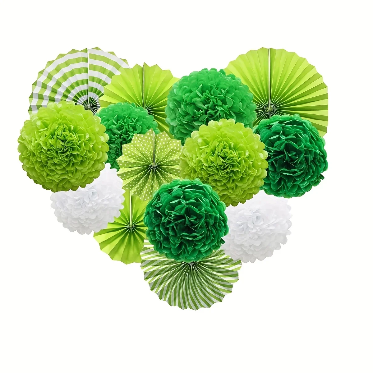 15pack Green paper pompom set with paper fan St. Patrick's Day, Birthday Wedding, Graduation,