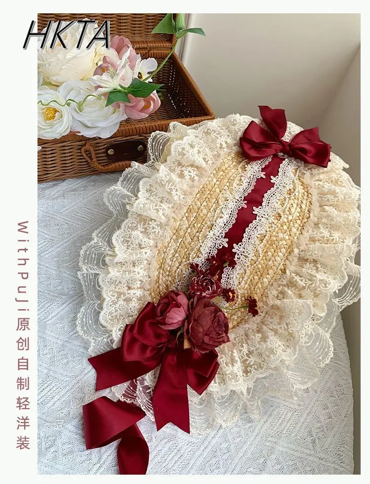 오리지널 디자인 목가적 인 멀티 컬러 레이스 보우 플랫 모자 카와이 여자 소녀 로리타 코스프레 밀짚 모자 로리타 착용 헤어 액세서리