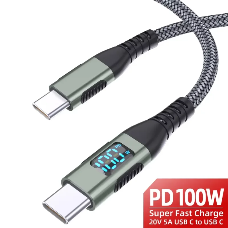 100W USB C Male to Male Braided Charging Wire With Real-time LED Wattage Screen  480Mbps Data Line For All Type-C Devices