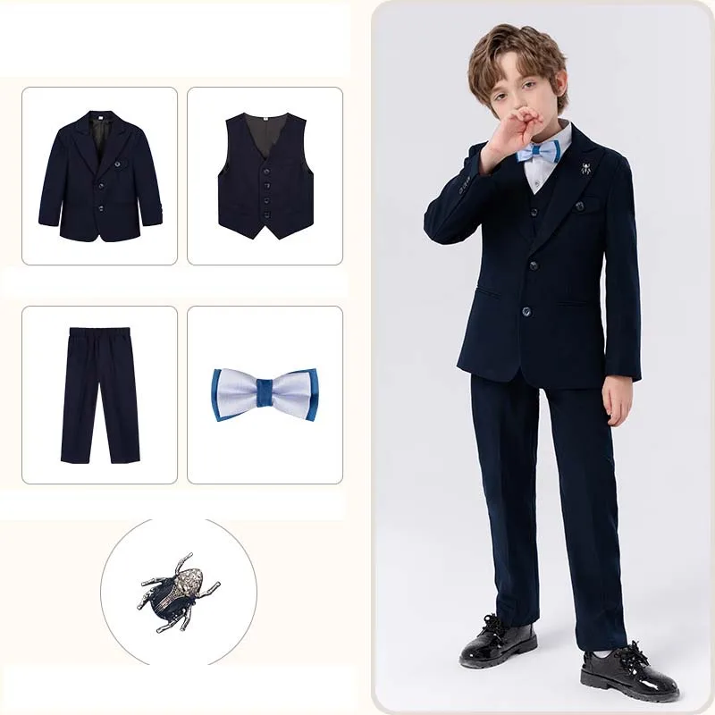 

Костюм для мальчиков 90-170 см, весенний, 5 предметов: пиджак, жилет, брюки, галстук-бабочка, брошь. Нарядный костюм для вечеринок, выпускных и фотосессий.