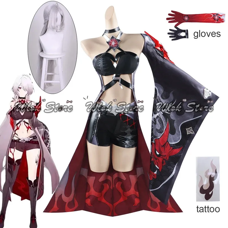Honkai Star Rail Acheron Cosplay Peruca Nova Pele Vermelho Acheron Terno Sexy Mulheres Festa de Halloween Carnaval Roleplay Outfit Cabelo