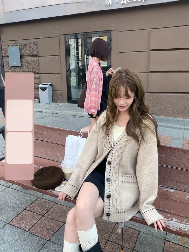 

Miaolab O-Ne Open Cardigan Women's Loose Knitted Sweater Winter Warm Thiened Long Sve V-Ne Wool Blend Color