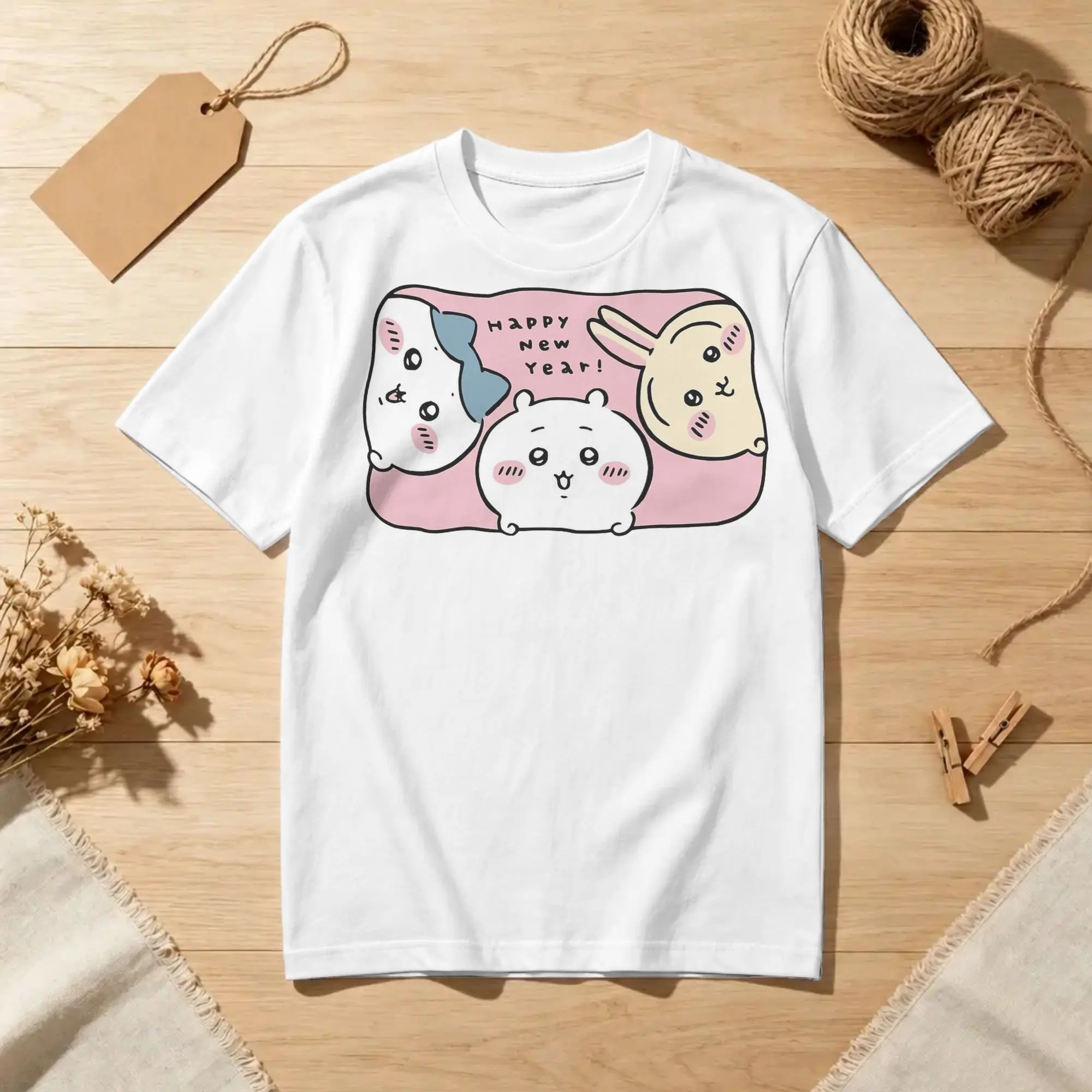 Happy New Year! Chiikawaii Hachiware Usagi T Shirts Men Women Cotton Vintage T-Shirt O Neck  Tees Short Sleeve Clothing Adult
