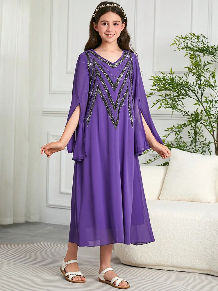 

Модное мусульманское детское шифоновое платье макси с блестками для девочек, халат, детский Рамадан, исламская одежда, арабский турецкий марокканский кафтан