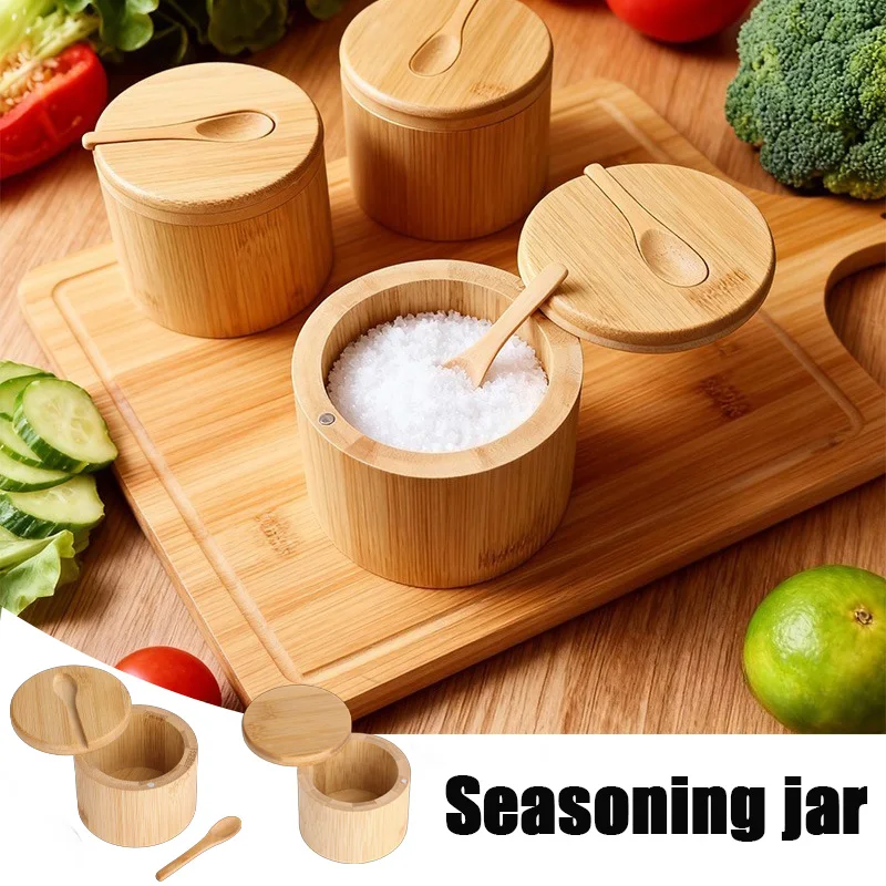 

1Pc Multi-Purpose Bamboo Spice Jar with Spoon - Swivel Closure Lid Condiment Holder Picnicking Kitchen Gadget Посуда Для Кухни