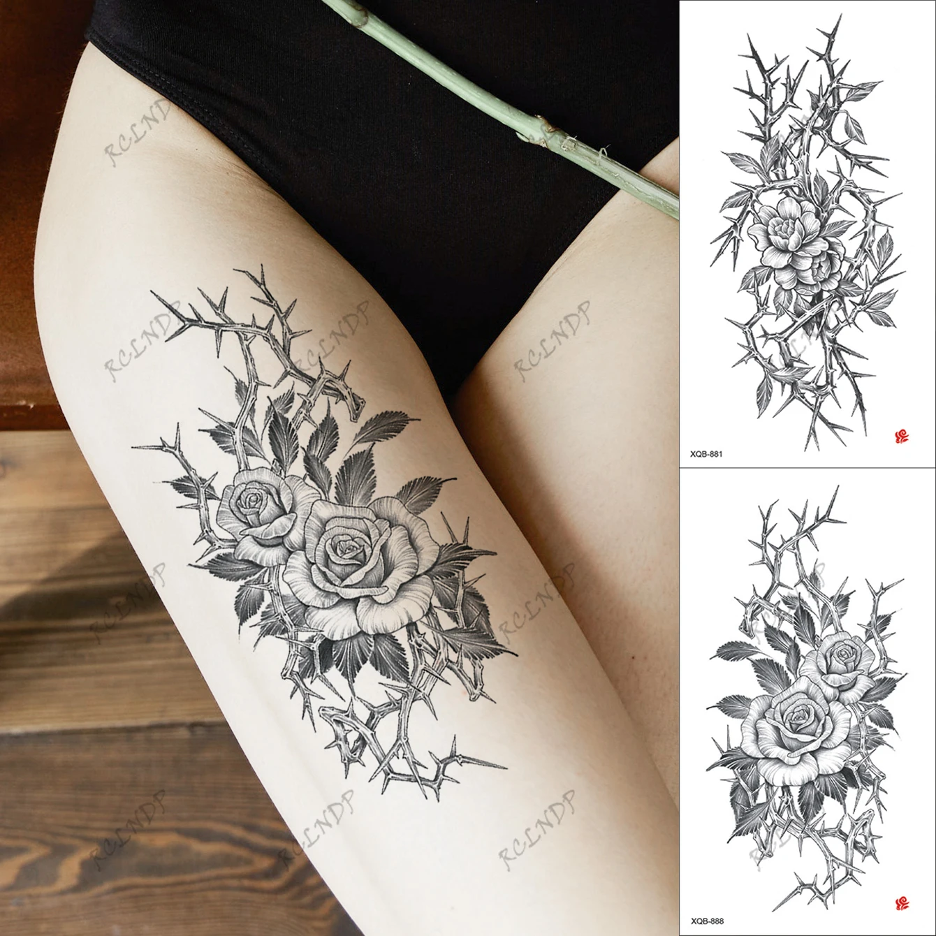 2pcs Waterproof Temporary Tattoo Sticker Sketching Flowers and Thorns Fake Tatto Flash Tatoo Arms thighs back Tato for Women