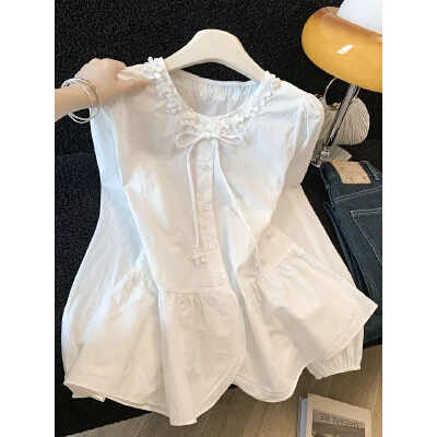 

Korean Gentle Sle Loose A-Line irt with Bow Tie Lotus Le Fre Youthful Summer Outerwear Versatile Cotton Blouse
