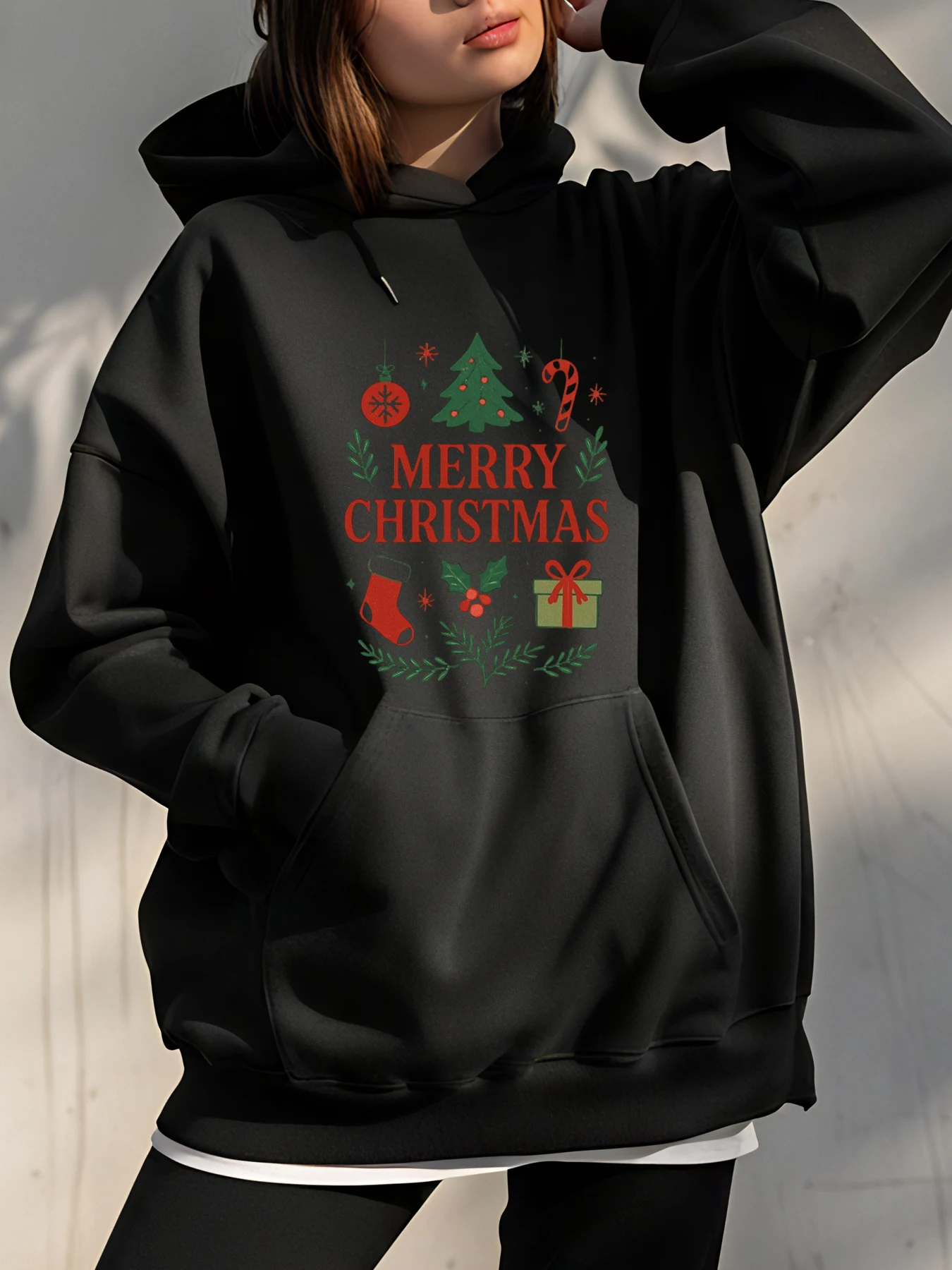 

Рождественская толстовка с капюшоном с рождественским принтом, черная толстовка, женская повседневная зимняя праздничная одежда, женский модный топ