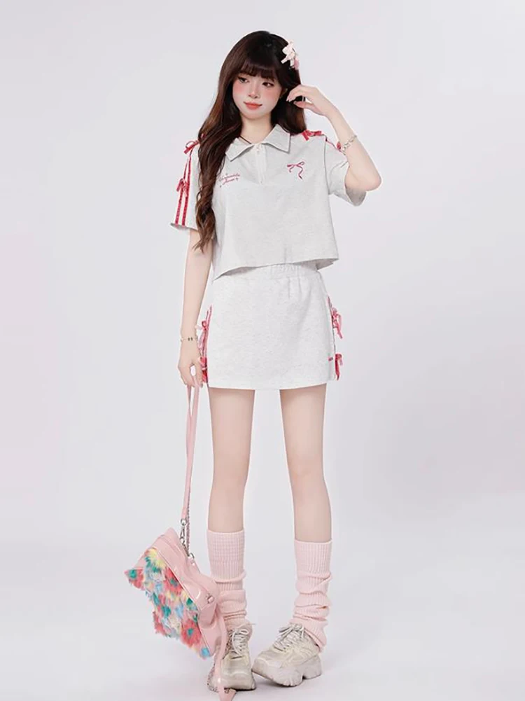 Summer Y2k Bow Skirt 2 Piece Set Women Korean Casual Sweet Embroidered Short Sleeve T-Shirt+Slim A-line Skirt College Sport Suit