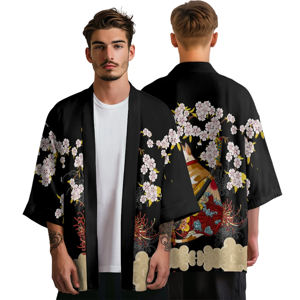 Summer Kimono Men Fashion Hawaiian Shirt Women Beach Cardigan Lucky Cat Kimono Japanese Clothes Bathrobes Haori Yukata