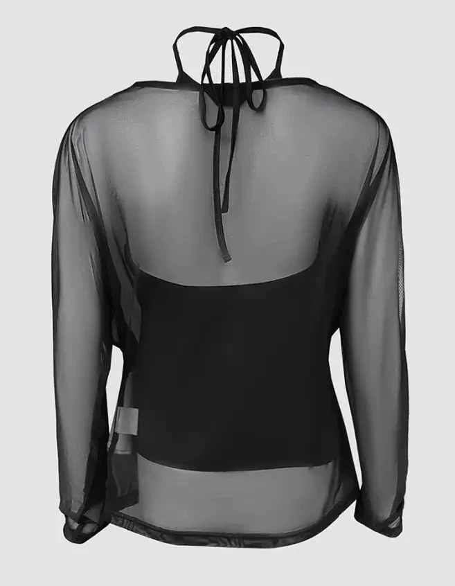 

Women's Fashion Sexy T-Shirt Rhinestone Decor Halter Tie Cowl Neck Long Sleeve Tee Female Casual Sheer Mesh Spliced Backless Top