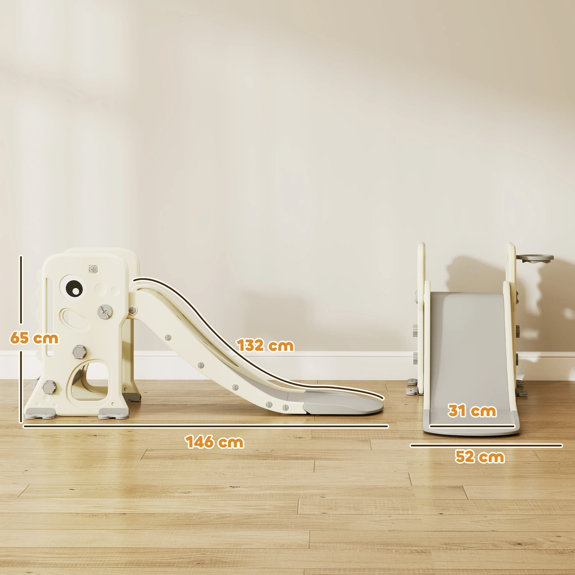 شريحة أطفال مع سلة وسلم بتصميم ديناصور للأطفال من عمر 2 إلى 5 سنوات للاستخدام الداخلي مقاس 146 × 52 × 65 سم كريمي