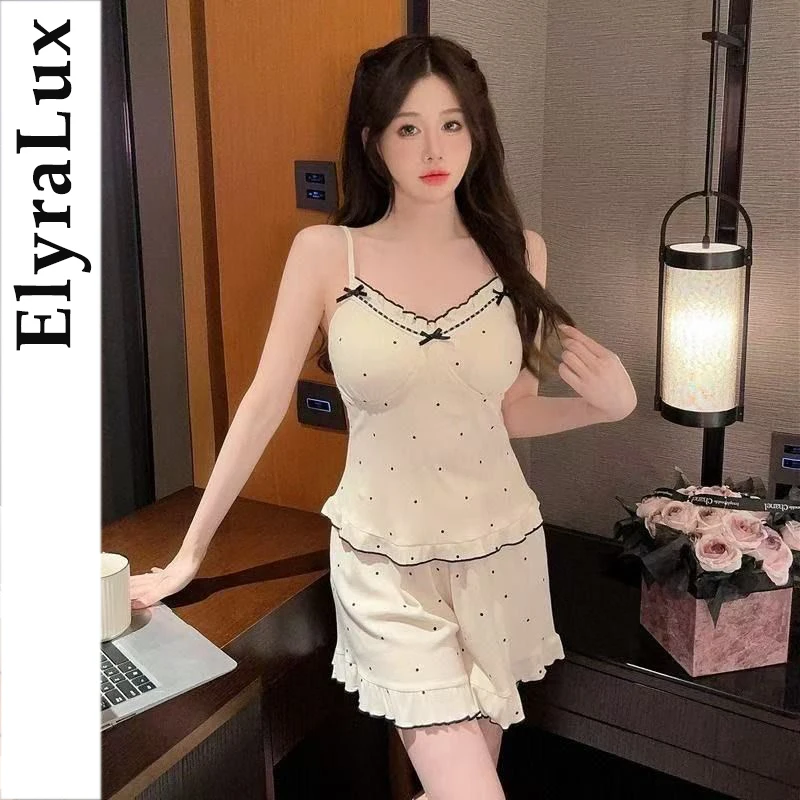 

ElyraLux Summer Sleeveless Pajama for Woman Sexy Sleepwear with Chest Pad Two Piece Set Korean Sweet Style Homewear Home Clothes