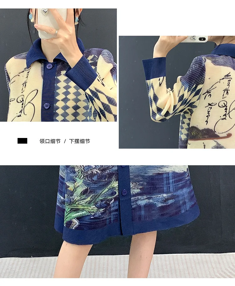 Plissiertes Kleid im Vintage-Stil mit Knopfleiste, langen Ärmeln, lockerer Passform, strukturiertem Stoff, elegantem japanischem Miyake-Stil – Detail 7