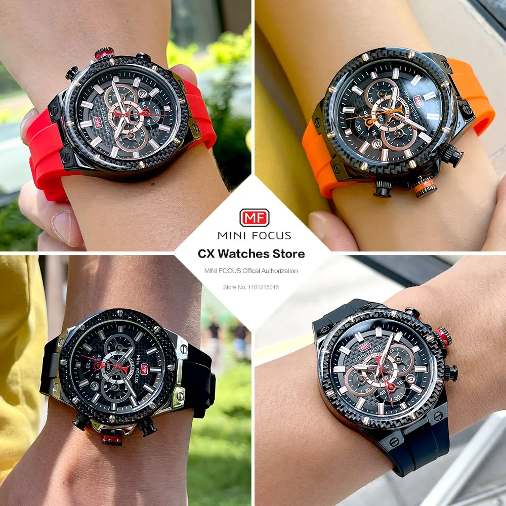 MINI FOCUS Red Sport Watch for Men Fashion Waterproof Silicone Strap Chronograph Quartz Wristwatch with Date Luminous Hands 0468