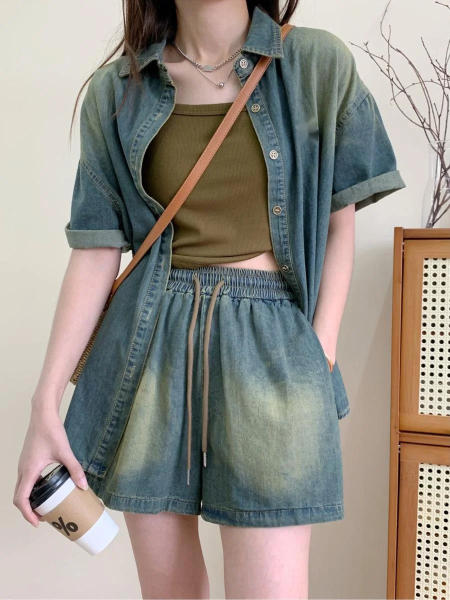 

Vintage Denim Shirt and Shorts Outfits Short Sleeve Jeans Blouse Top Denim Shorts American Style 2PCS Summer Chic Clothes Set