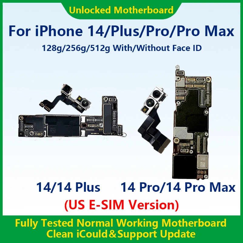 100%Working Fully Tested Mainboard For iPhone 14 Pro Max Unlocked Motherboard With Face ID Cleaned iCloud US E-SIM Version