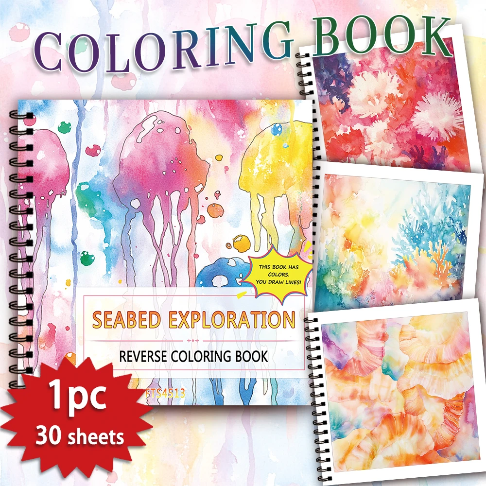 1pc Underwater Exploration Reverse Coloring Book, 30 Thick Pages 100gsm, Relaxing Creative Line,Perfect Gift for Family Friends