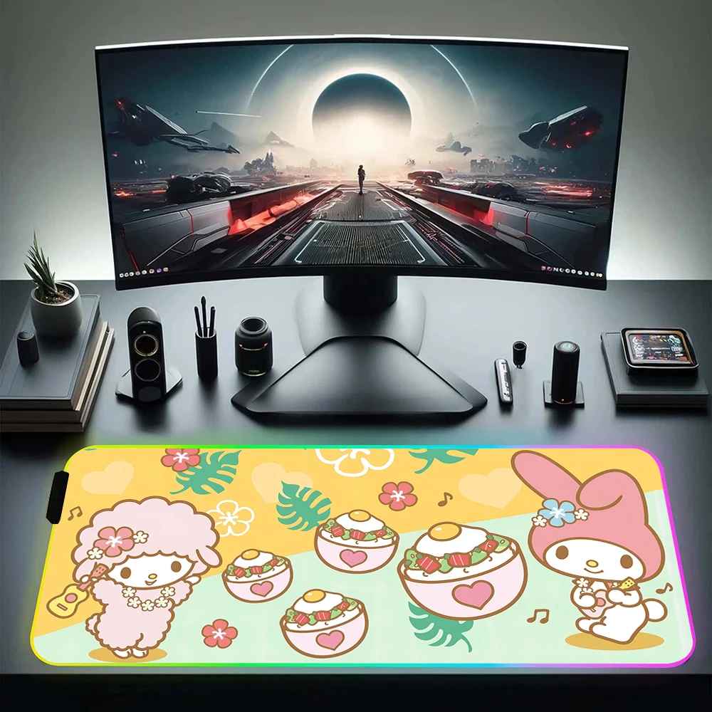 Kawaii Cartoon My Melody RGB Pc Gamer Keyboard Mouse Pad Mousepad LED Glowing Mouse Mats Rubber Gaming Computer Mausepad Gift