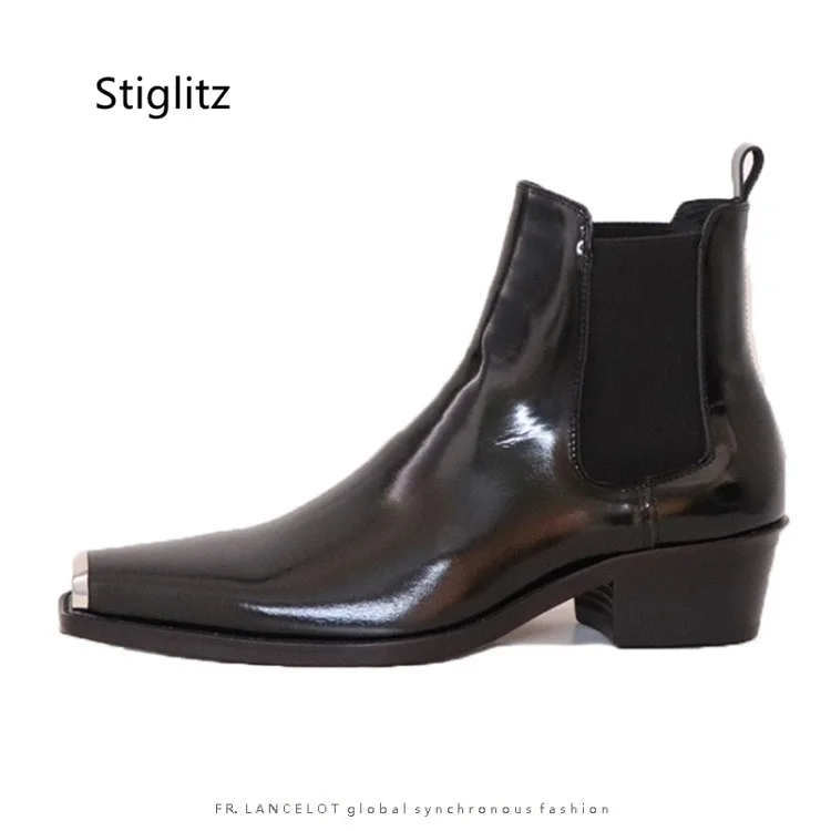 Metal Square Toe Chelsea Boots Men Fashion Slip On Patent Leather Ankle Boots British Style Western Boots Wedding Business Shoes