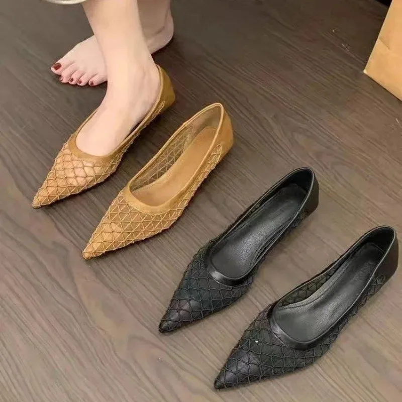 

2026Breathable Mesh Thin Heel Single Shoes Fashion Pointed Toe Shallow Mouth Slip-on Non-Tired Feet Low Top Shoes