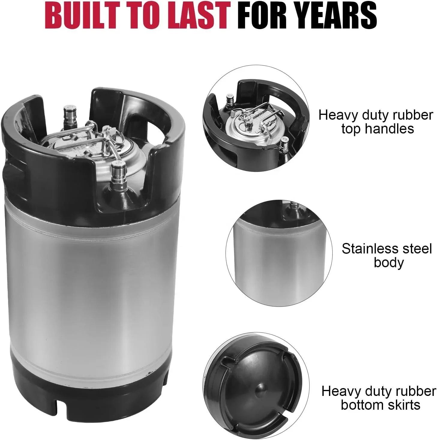 10L Full New Stainless Steel Beer Keg with Dual Rubber Handle for HomeBrew Cornelius Kegs