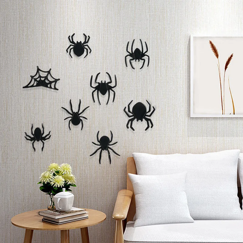 Pegatina de pared de araña negra de 12 piezas, pegatinas 3D de araña de Halloween, fiesta de fantasmas, pegatinas de pared Diy para telón de fondo, suministros de decoración de ventana