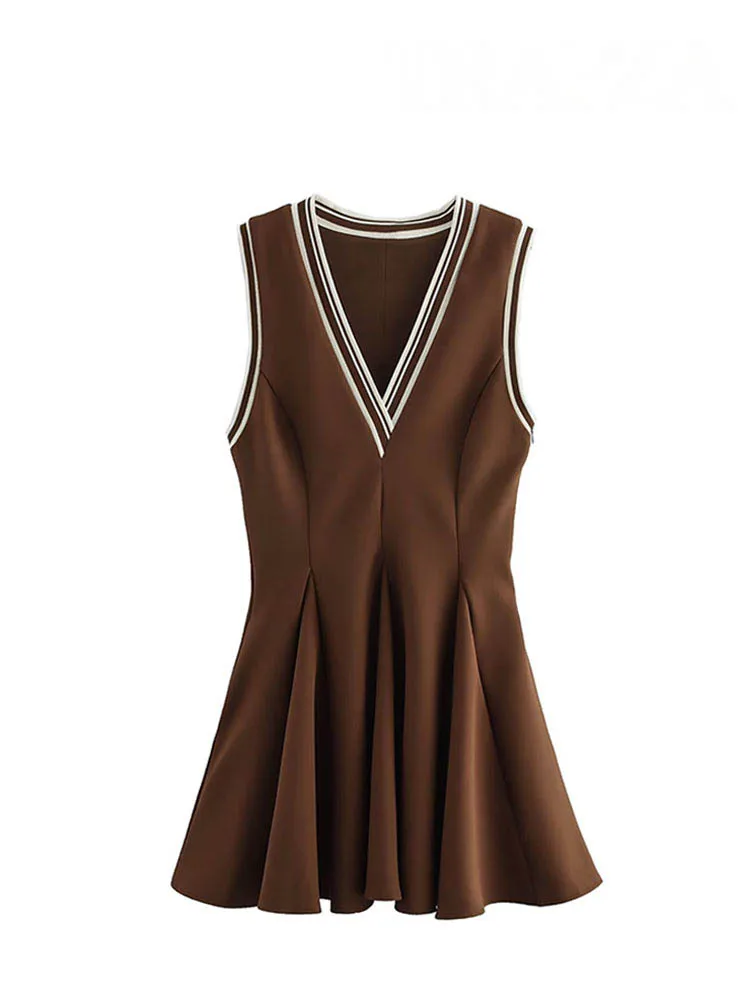HH Damskie Sukienki Nowa Moda Brązowa Sukienka Bez Rękawów z Dekoltem w Serek i Bocznym Zamkiem Błyskawicznym Letnia Sukienka w Stylu Wakacyjnym Dopasowana Sukienka Ołówkowa