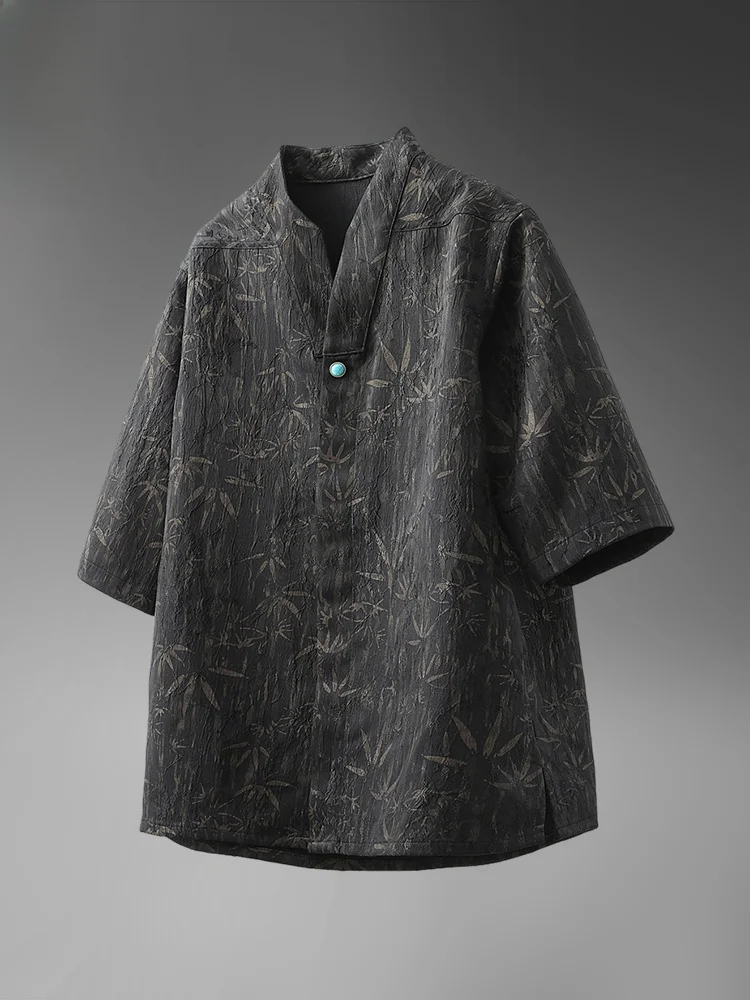 

Summer Thin ort Sve V-Ne Chinese Sle irt Men's Faion Hanfu Hidden Button Tea Costume Five-Quarter Sve irt