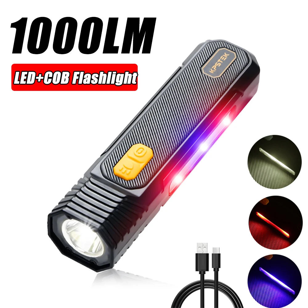 

1000LM LED COB Flashlight Lightweight USB Rechargeable Torch With Power Display Red Blue Warning Light Portable Pocket Lantern