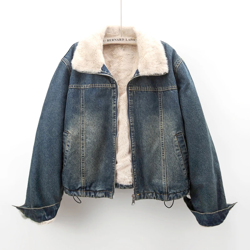 Winter Warm Fleece Liner Denim Jacket Women Loose Short Black Blue Cowboy Outerwear Hem Drawstring Zipper Jeans Jacket Female